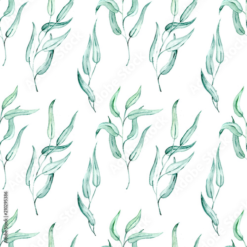 Seamless Realistic Watercolor Greenery Pattern. Summer, Spring Forest Herbs, Plants Texture. Foliage in Vintage Style. Nature Eco Friendly Concept. Textile, Fashion, Interior.