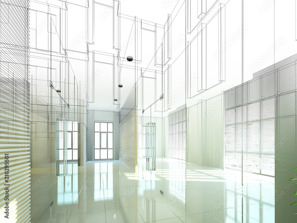 sketch design of interior hall, 3d rendering sketch design of interior hall, 3d rendering