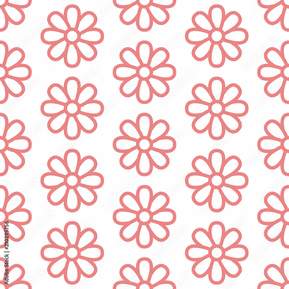 Floral seamless pattern with flat line icons of daisy chains. Flower background beautiful garden chamomile plant. Pink white color texture for kids fabric. Floral seamless pattern with flat line icons of daisy chains. Flower background beautiful garden chamomile plant. Pink white color texture for kids fabric.
