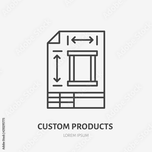 Engineering technical plan flat line icon. Custom product design drawing sign. Thin linear logo for construction services.
