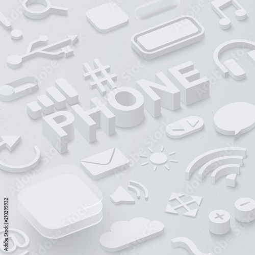 Grey 3d phone background with web symbols. © svetlaborovko