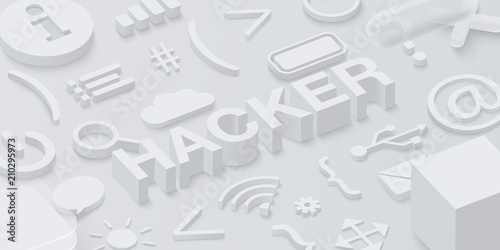 Grey 3d hacker background with web symbols.
