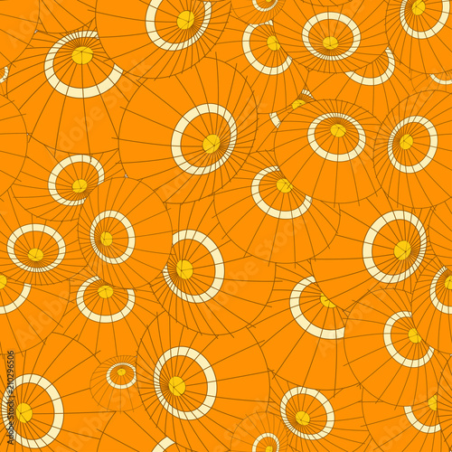 Vector seamless pattern with orange japan umbrellas on black for fabric, wrapping, craft