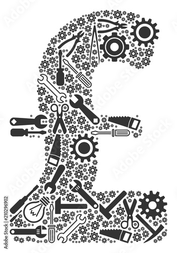 Pound Sterling mosaic of workshop instruments. Vector Pound Sterling icon is organized of gear wheels, wrenches and other technical objects. Concept of technical job.