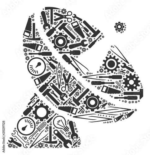 Radio telescope composition of repair instruments. Vector radio telescope icon is made of gearwheels, spanners and other mechanical items. Concept of technical work.
