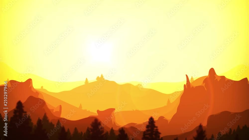 Summer Mountains Sunrise Background Clip/
Animation of a beautiful summer morning landscape background, with mountains range, orange and yellow sky, lens flare and parallax effect