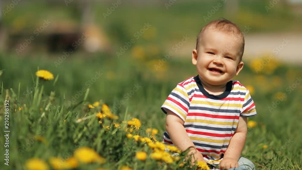 Little child sits on the grass among the flowers. Little child sits on the grass among the flowers.