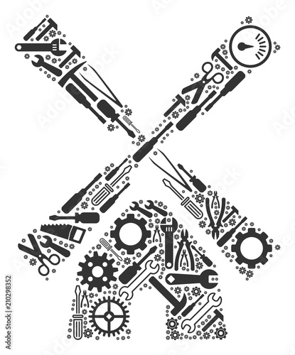Wind mill mosaic of repair instruments. Vector wind mill icon is designed of gearwheels, spanners and other technical objects. Concept of maintenance work.