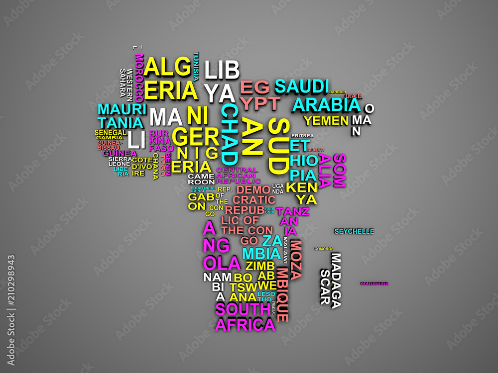Obraz Africa mapa z wszystkie państwami i ich imionami 3d ilustracja na szarość