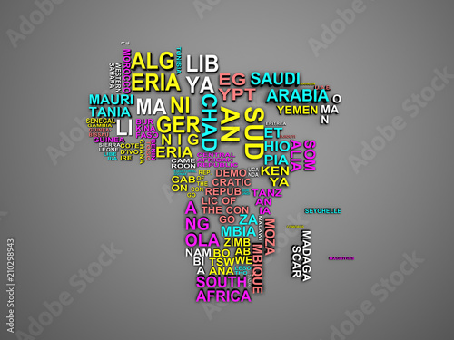 Obraz na płótnie Africa mapa z wszystkie państwami i ich imionami 3d ilustracja na szarość