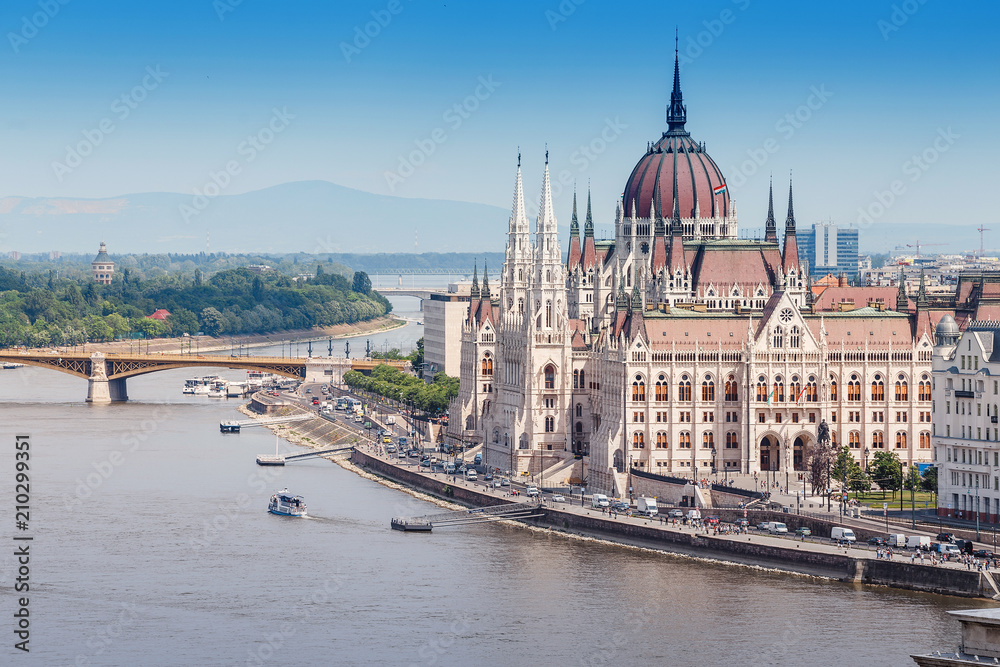 a classic view of the famous tourist attraction of Budapest - the Hungarian Parliament and the Danube River with ships