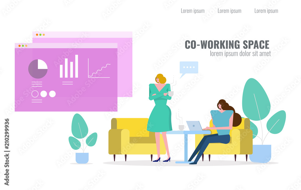 People talking and planing in co-working space. flat character design vector illustration People talking and planing in co-working space. flat character design vector illustration