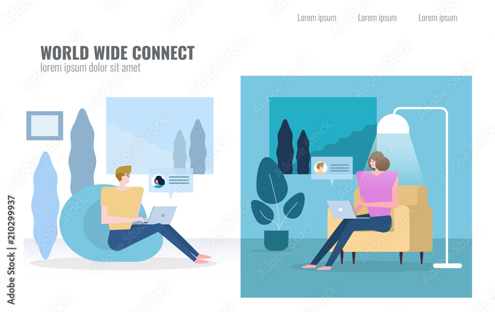 Fototapeta premium People chatting in different time zone. World wind connect concept. flat character design vector illustration