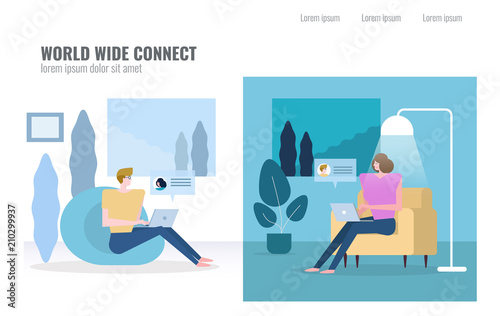 People chatting in different time zone. World wind connect concept. flat character design vector illustration
