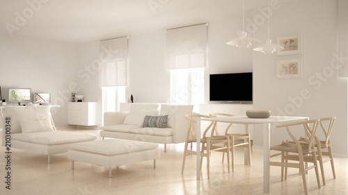 Modern contemporary living room open space with dining table and corner office, home workplace with computers, minimal nordic white interior design