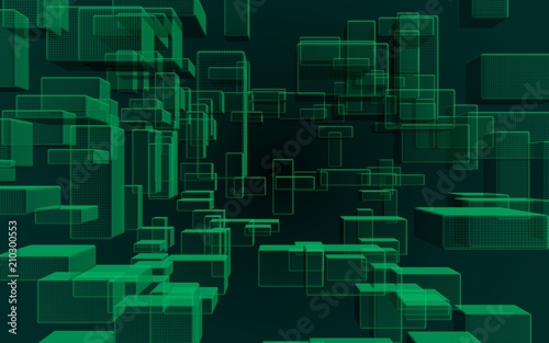Green and dark abstract digital and technology background. The pattern with repeating rectangles. 3D illustration