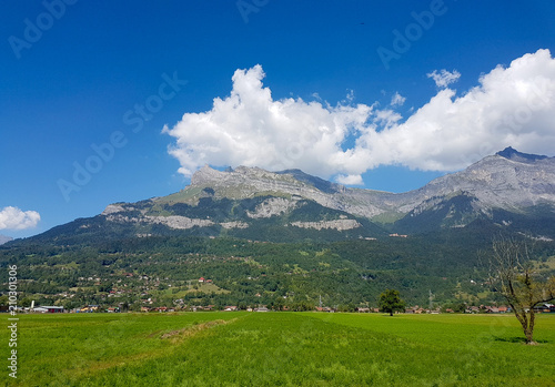 A large green lawn with mountains and clouds