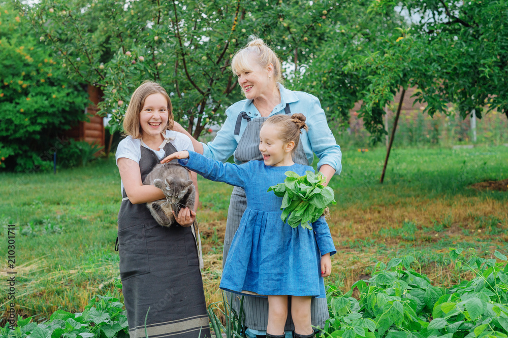 Fototapeta premium Grandmother with kids in the garden