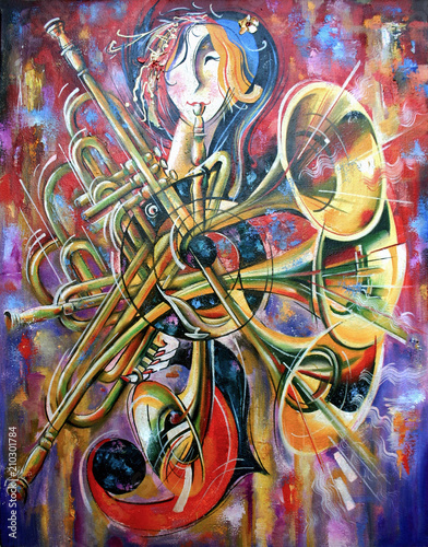 An oil  painting on canvas. Music  the girl plays musical wind instruments. Artistic work in bright and juicy tones.