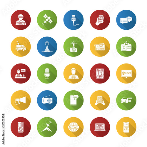 Mass media flat design long shadow glyph icons set