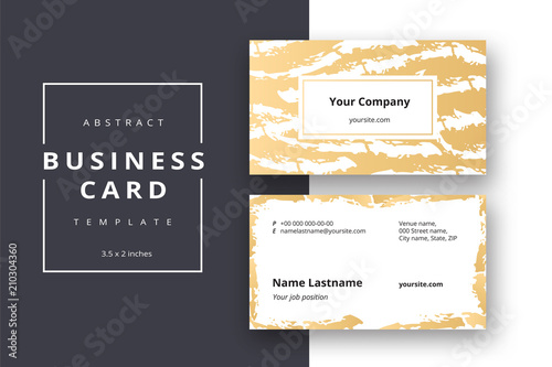 Trendy minimal abstract business card template in golden color. Modern corporate stationery id layout with geometric pattern. Vector fashion background design with information sample name text.