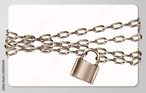 The realistic  brown metal chain and padlock, handcuffed card, vector illustration