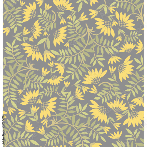 Seamless grey background with floral pattern. Vector retro illustration. Ideal for printing on fabric or paper.