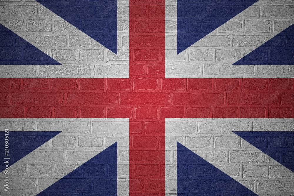 Fototapeta premium Flag of Great Britain on brick wall background, 3d illustration