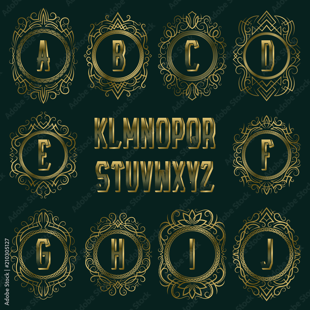 Set of golden monograms in patterned circular elliptic frame. Isolated luxurious alphabet and logo design elements kit.