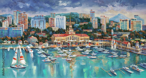  An oil painting on canvas. Panorama of Sochi. Architectural landscape of the beloved city. Author: Nikolay Sivenkov. photo