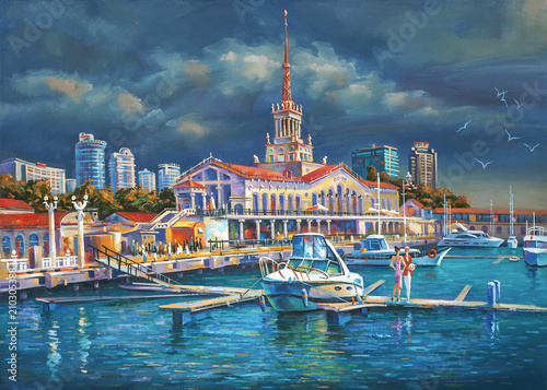 A berth in seaport of Sochi. An oil painting on canvas. Architectural landscape of the beloved city. Author: Nikolay Sivenkov.
