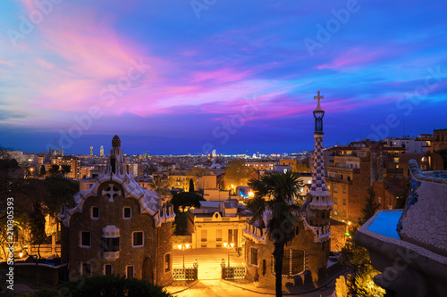 Photography Park Guell in Barcelona, Spain at night. Barcelona skyline..