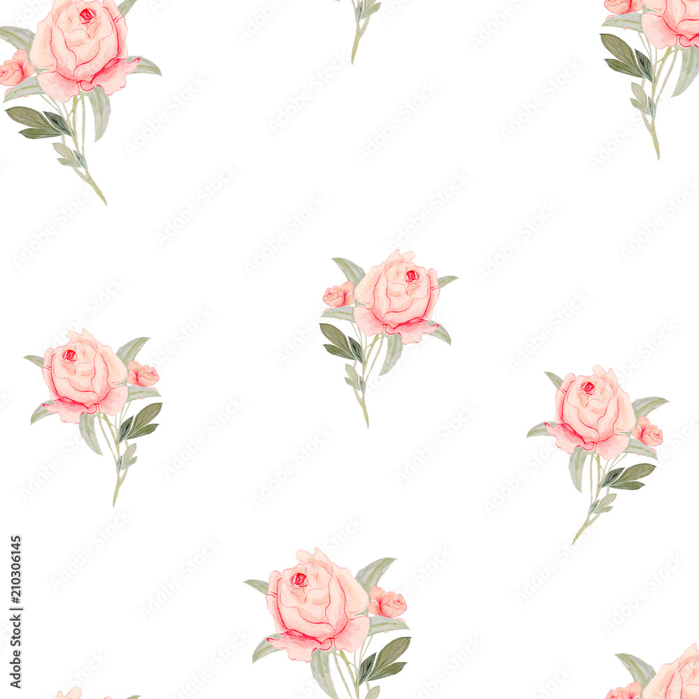 pattern, watercolor flowers, pink roses with Bud, texture, striped background