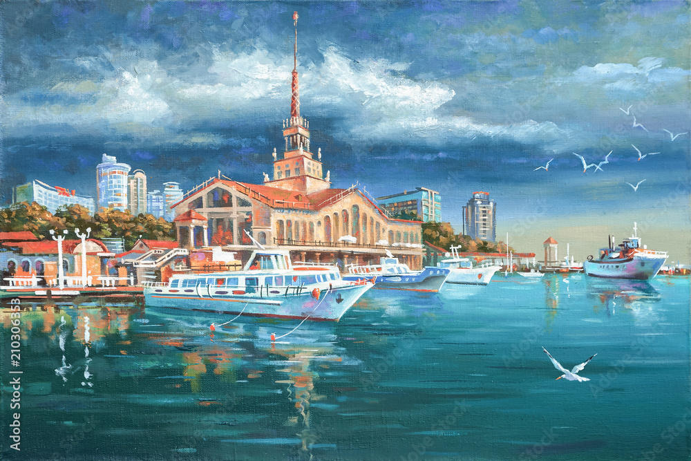 Obraz Spokój w porcie morskim Soczi. Malowanie: płótno, olej. Autor: Nikolay Sivenkov.