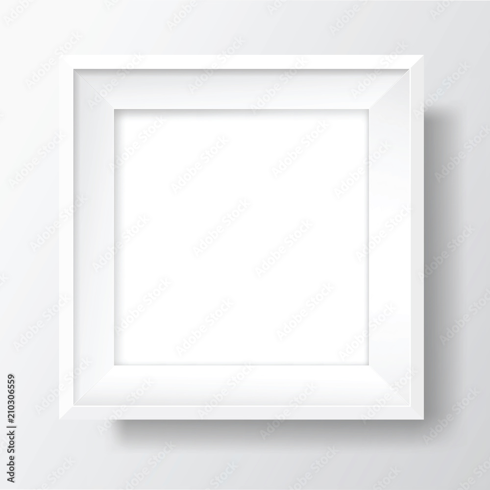 Square Blank white frame on white wall. Vector template