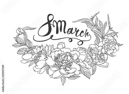 8 march. Congratulation card with peony flowers