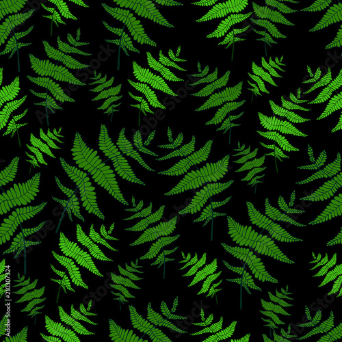 Green fern leaf seamless wild forest pattern black background