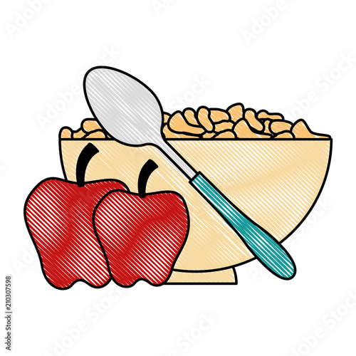 cereal dish with spoon and apples vector illustration design