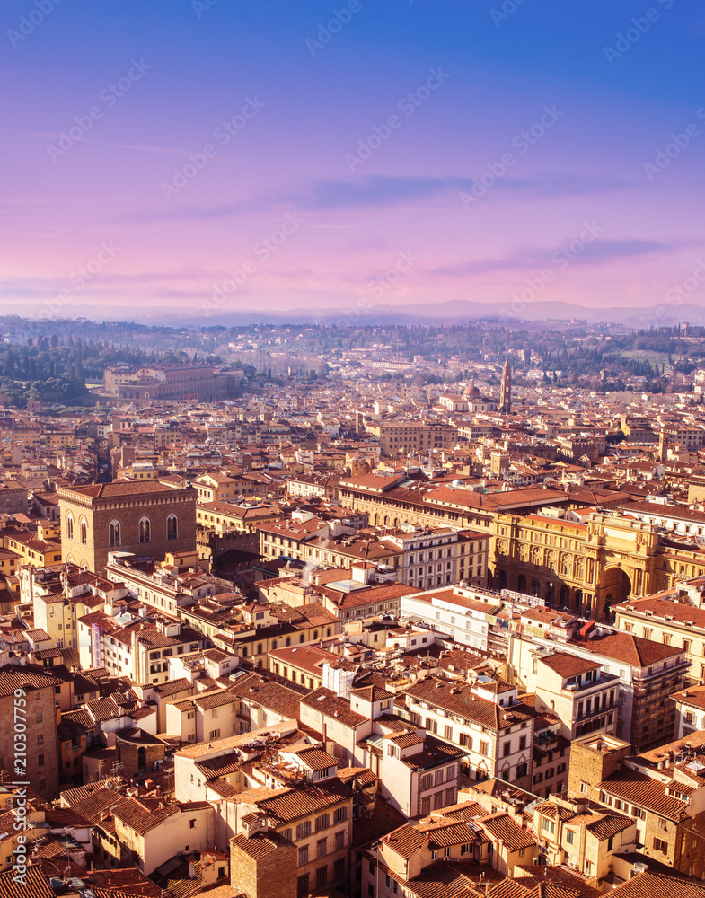 Aerial view of Florence, Tuscany, Italy. View from Cathedral Santa Maria Del Fiore. Beautiful Florence sunset skyline, .