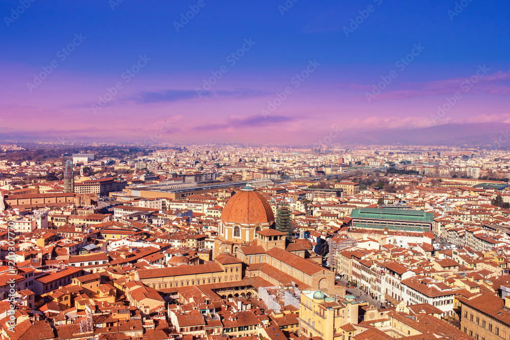  Beautiful Florence sunset skyline in summer day, Aerial view of Florence, Tuscany, Italy..