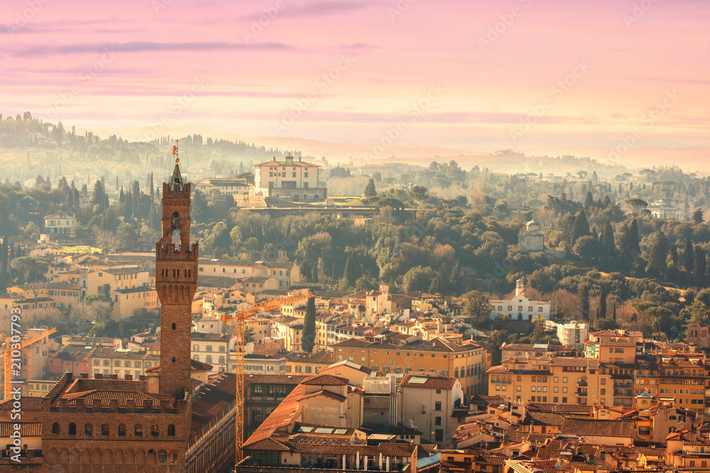 Bird view of Florence, Tuscany, Italy. View from Cathedral Santa Maria Del Fiore. Beautiful Florence sunset skyline, .