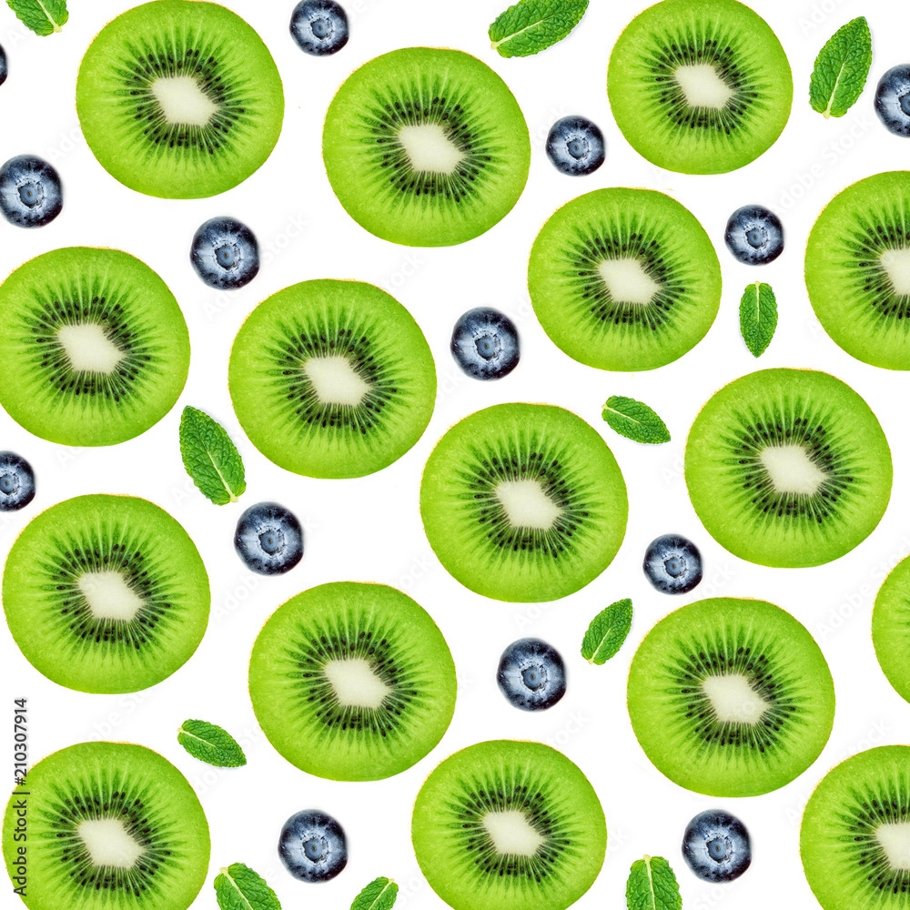 Colorful fruit pattern of fresh Kiwi fruits and blueberries. .Flat lay. Colorful fruit pattern of fresh Kiwi fruits and blueberries. .Flat lay.