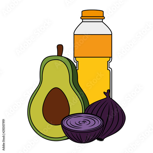 oil bottle with vegetables vector illustration design