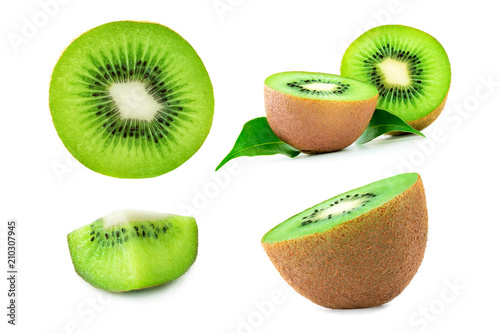  Kiwi Fruit isolated on the white background, close up. Set of Ripe fresh Kiwi fruits
