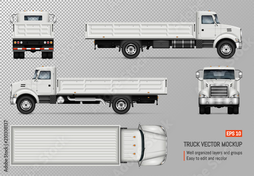
Flatbed truck vector mockup. Isolated template of the white lorry on transparent background for vehicle branding, corporate identity. View from left, right, front, back, and top sides.