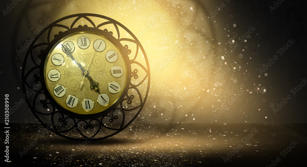 Naklejka premium Clock vintage on an abstract background bokeh, neon, fulfillment of desires, magic of time
