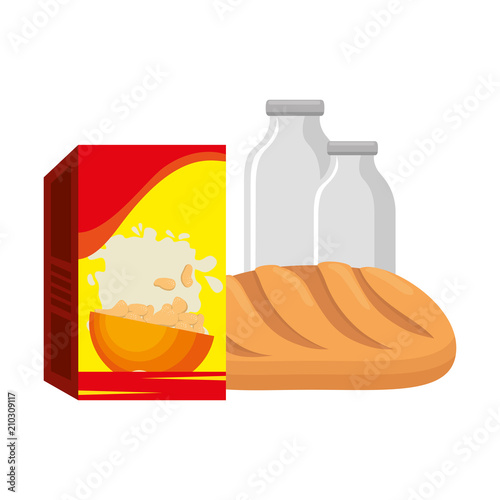 cereal box with bread and milk bottle vector illustration design