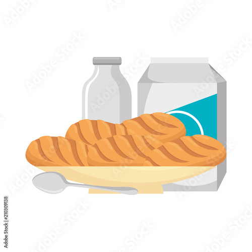 delicious breads in dish and milk vector illustration design