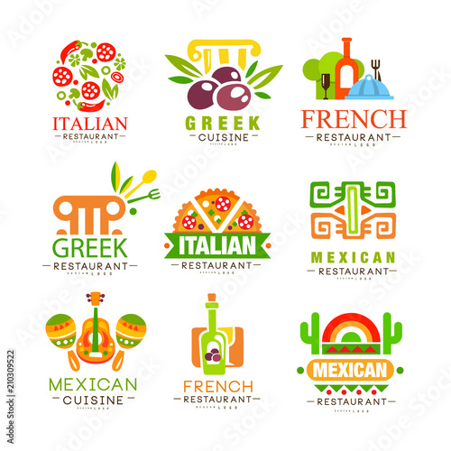 Continental cuisine logo design set, Italian, Greek, French, Japanese, Mexican authentic traditional continental food labels vector Illustrations