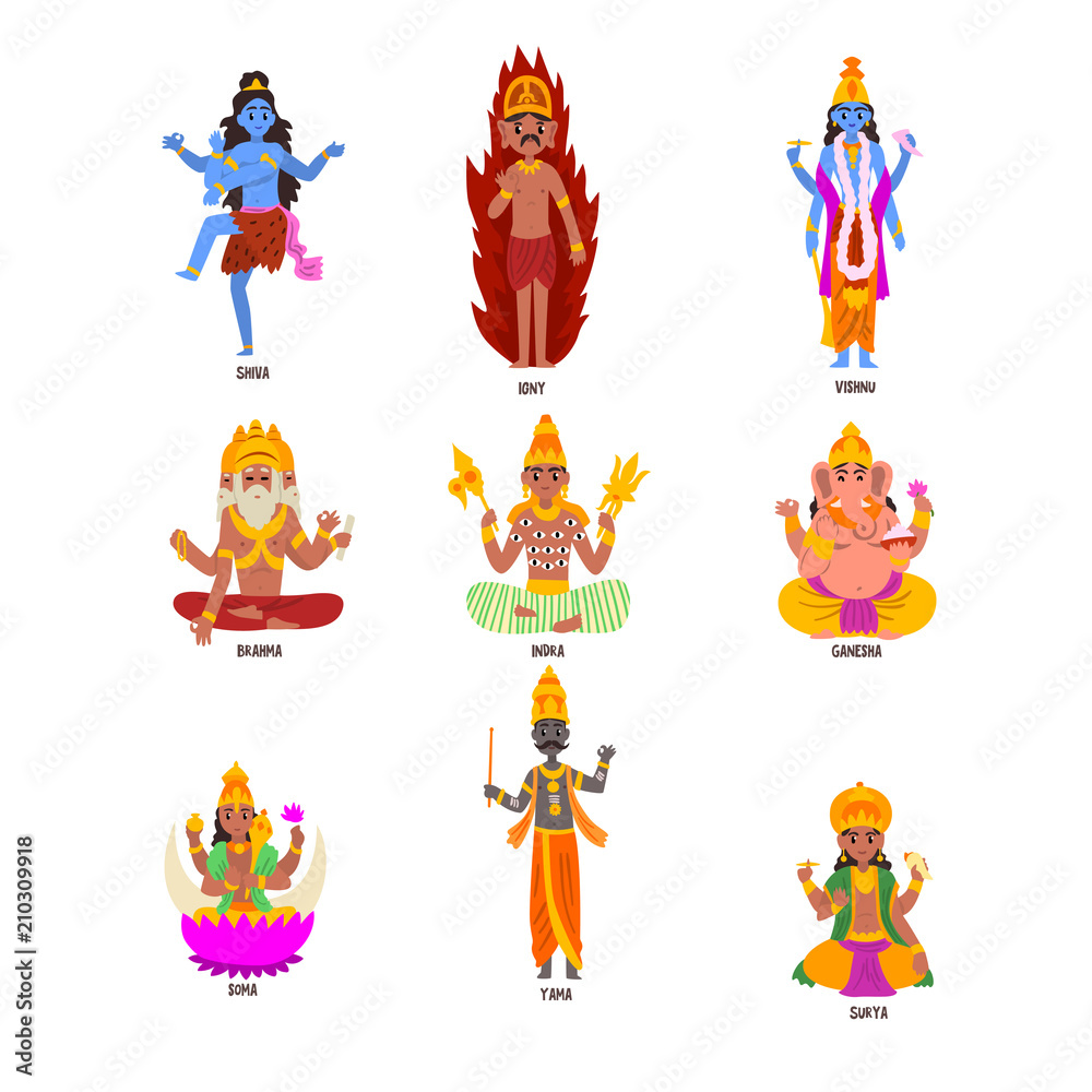 Indian Gods set, Shiva, Igny, Vishnu, Ganesha, Indra, Soma, Brahma, Surya, Yama god cartoon characters vector Illustrations on a white background